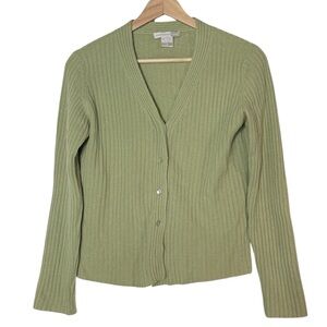Central Park West Cashmere V Neck Ribbed Knit Cardigan Sweater Size S Sage Green